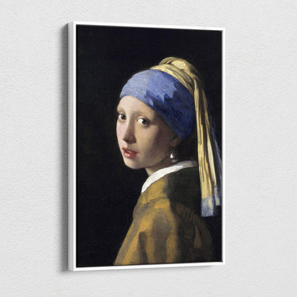 Framed Girl With A Pearl Earring by Johannes Vermeer in blue headscarf