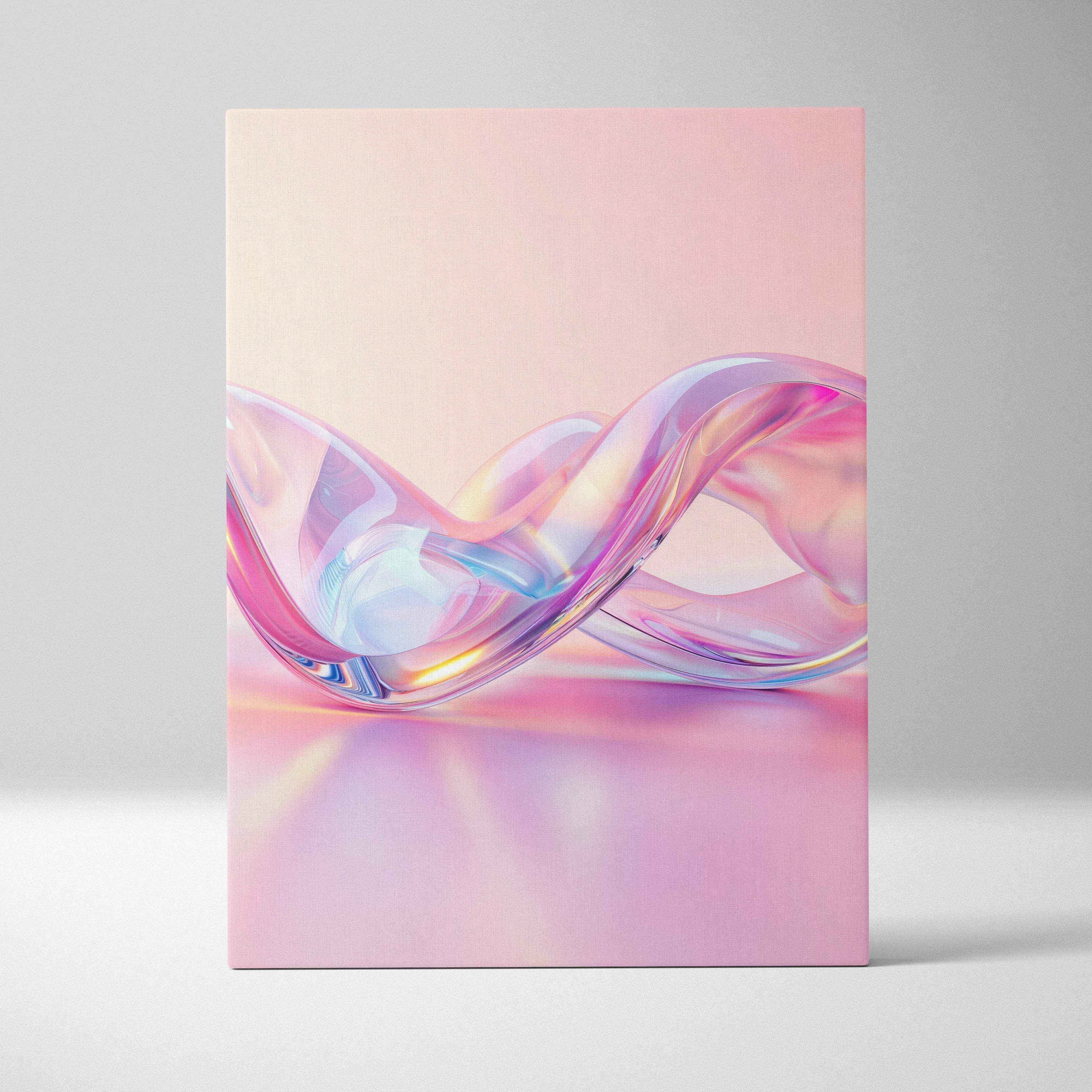 A translucent iridescent glass sculpture with flowing intertwined curves in pastel pink and lavender hues