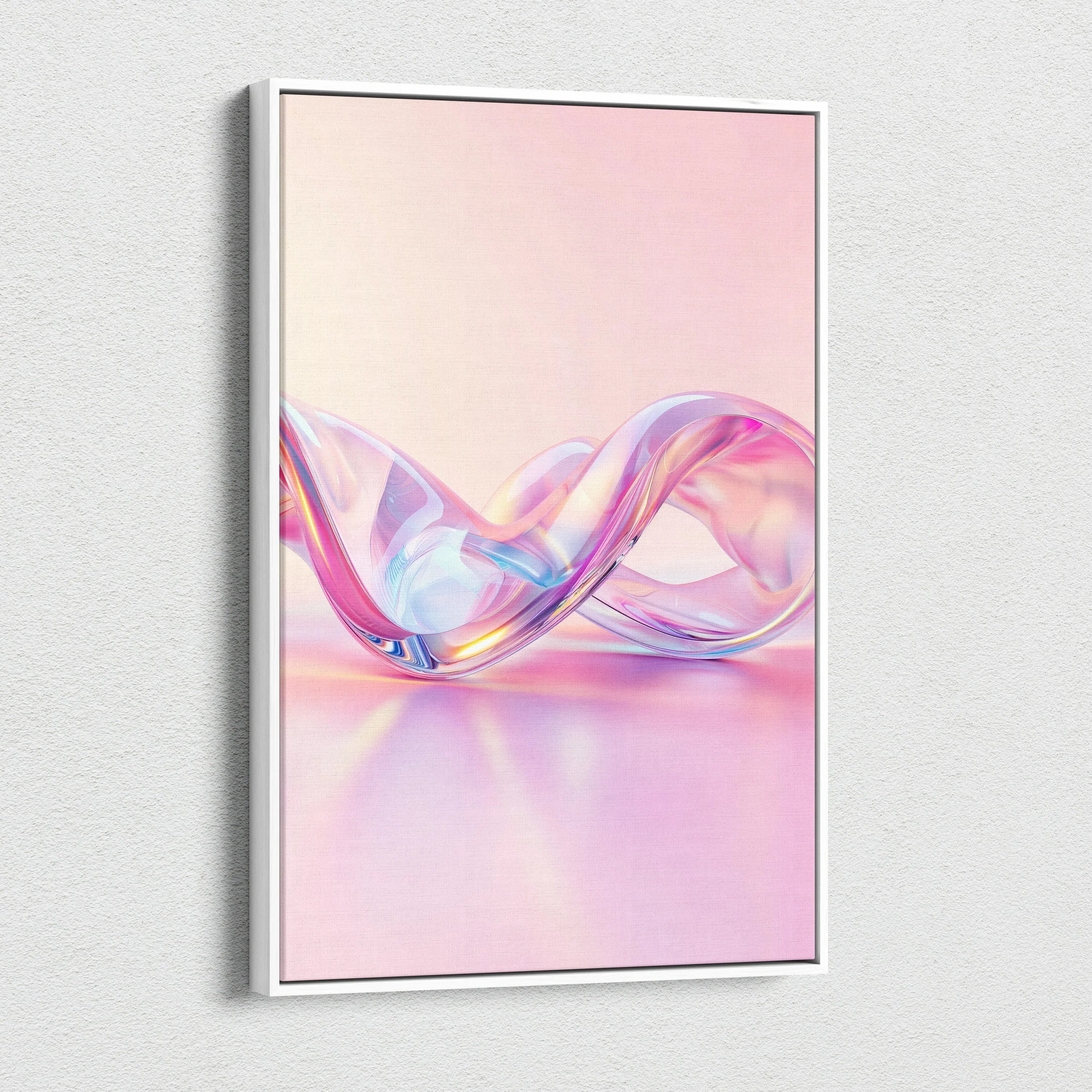 Vertical abstract digital art on canvas with pink and purple translucent wave design, wall art.