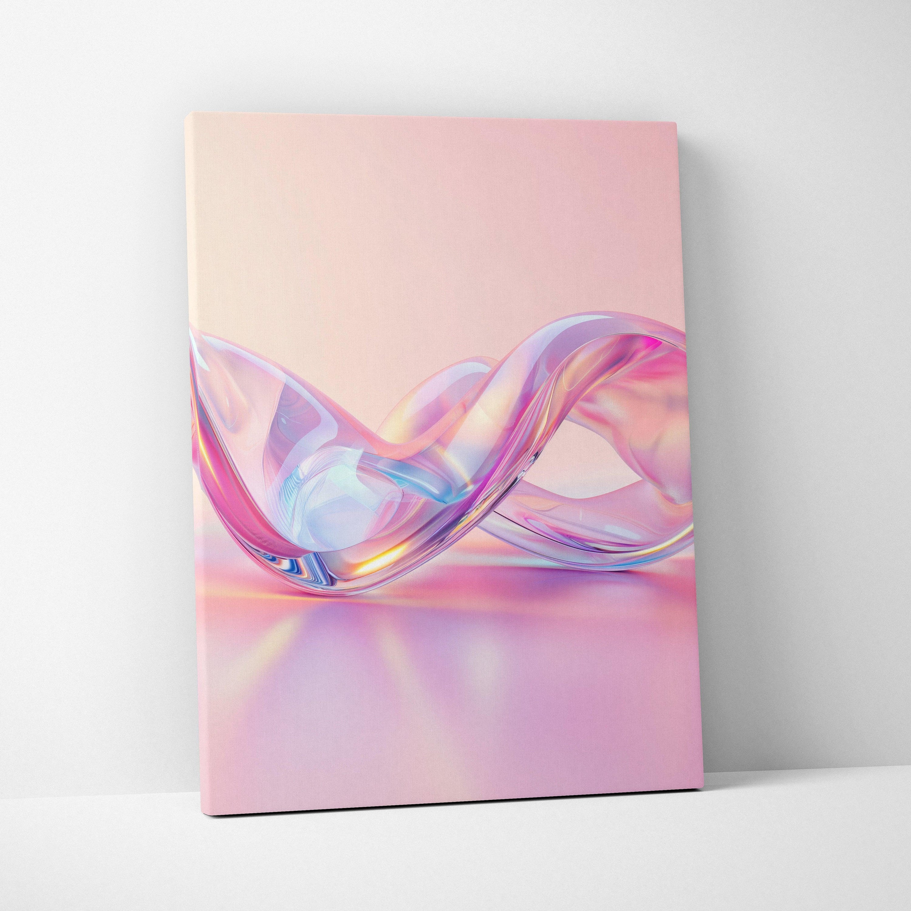 Abstract digital art canvas wall art with flowing translucent ribbons in soft pink and purple tones.