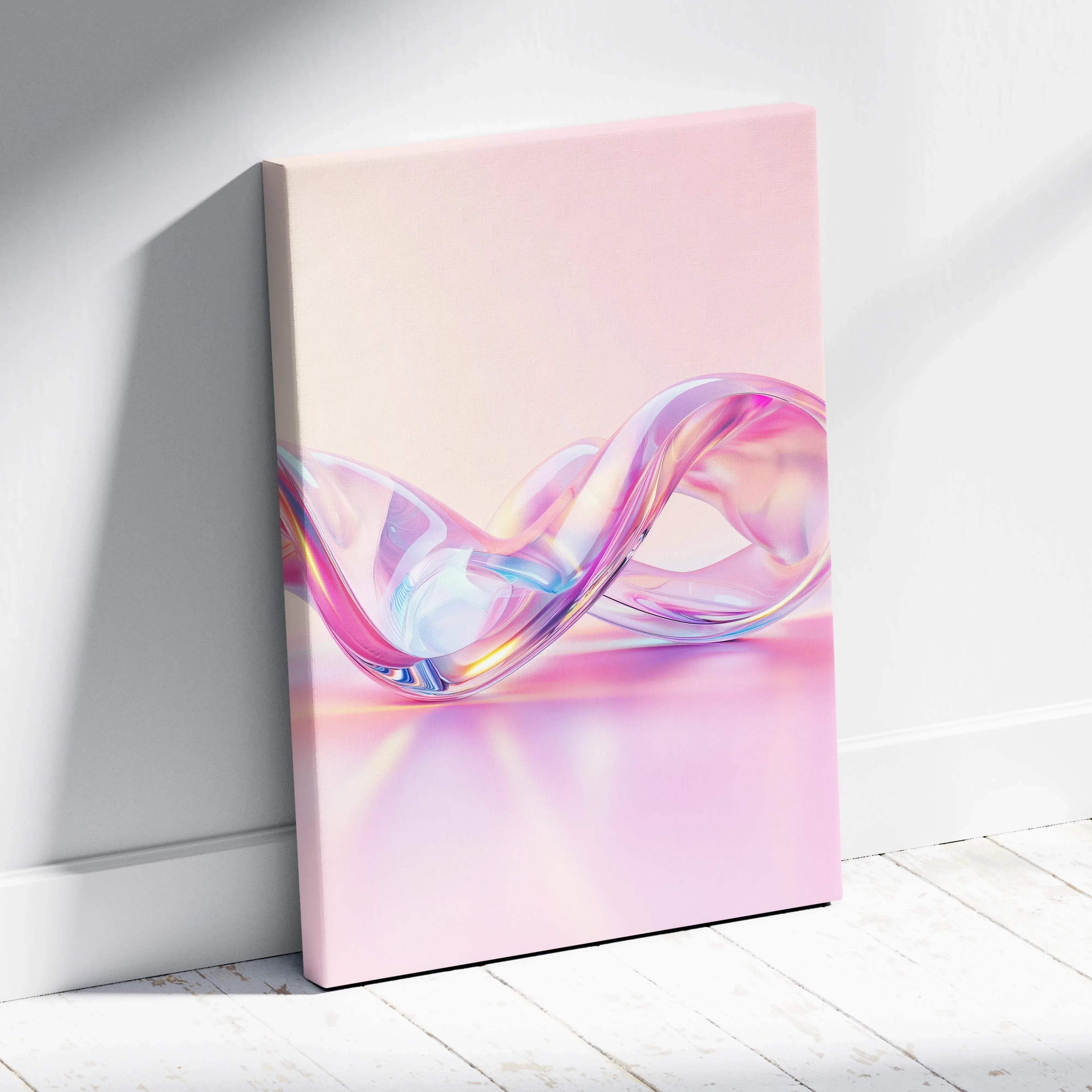 A sleek canvas wall art featuring a translucent iridescent wave in pastel pink and lavender fluid abstract design