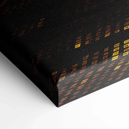 Black canvas wall art with abstract digital pattern in orange and gold hues, wrapped edges.