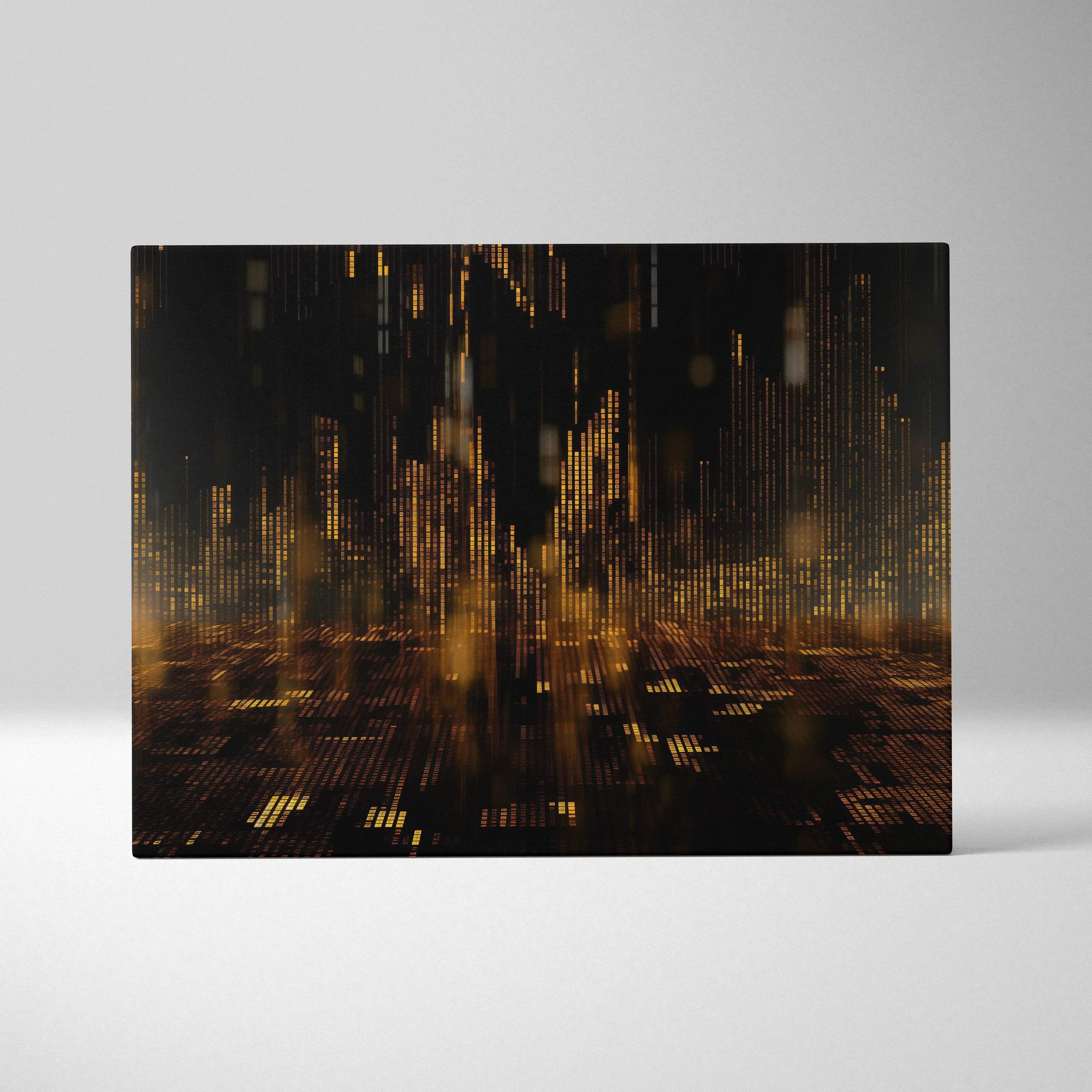 Modern abstract digital canvas wall art featuring dark tones with gold vertical and horizontal light streaks creating a.