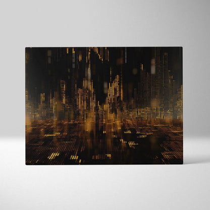 Modern abstract digital canvas wall art featuring dark tones with gold vertical and horizontal light streaks creating a.