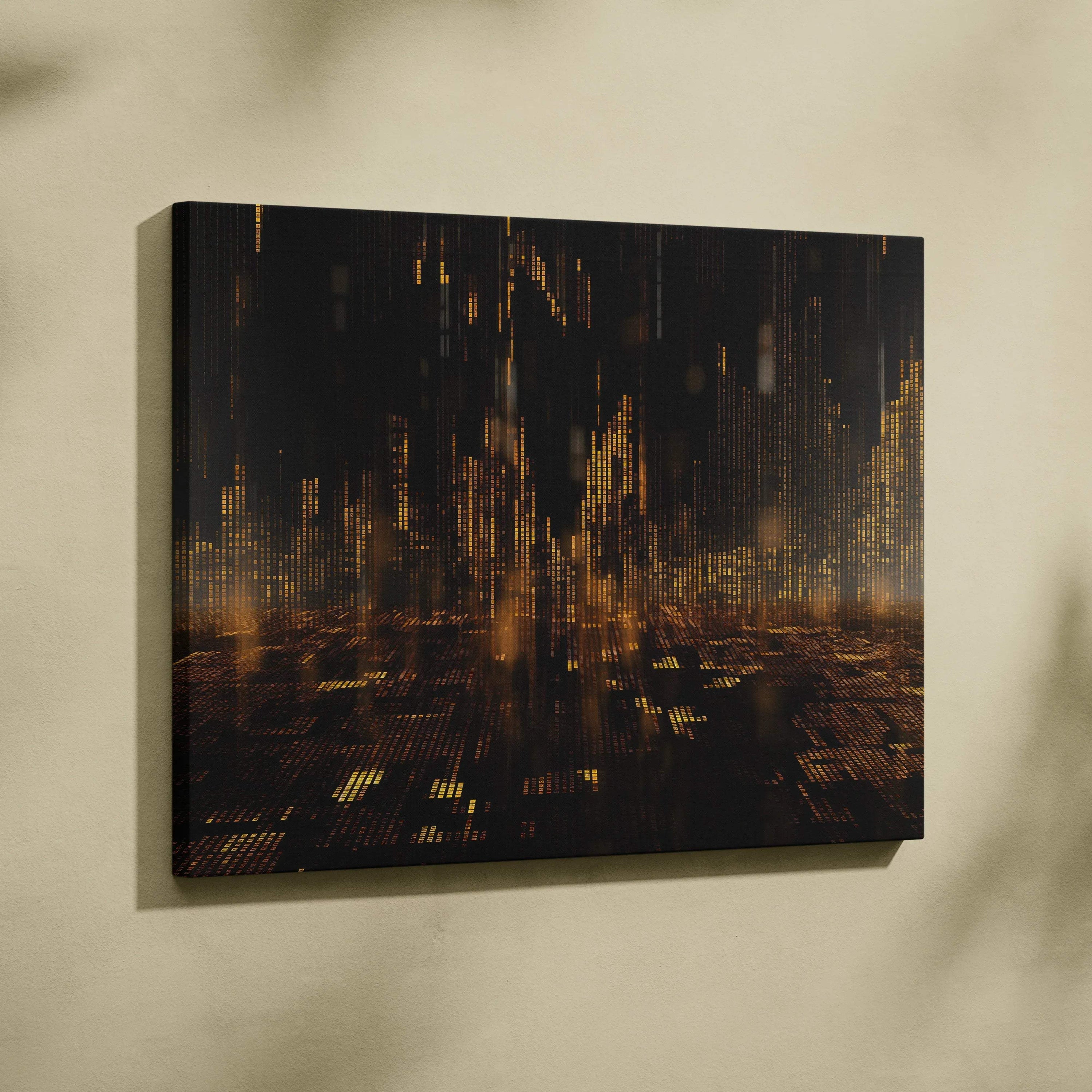 Dark abstract digital canvas art with warm golden and brown light patterns, modern wall art print.