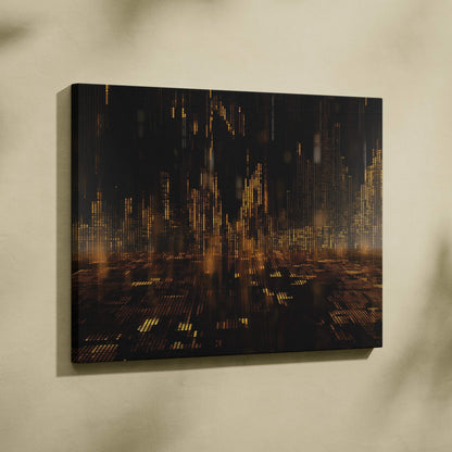 Dark abstract digital canvas art with warm golden and brown light patterns, modern wall art print.