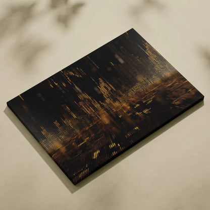 Abstract digital canvas art with dark tones and glowing golden vertical streaks on black background.