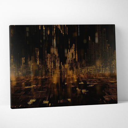 Abstract digital canvas art with gold and black vertical and horizontal light patterns on a dark background.
