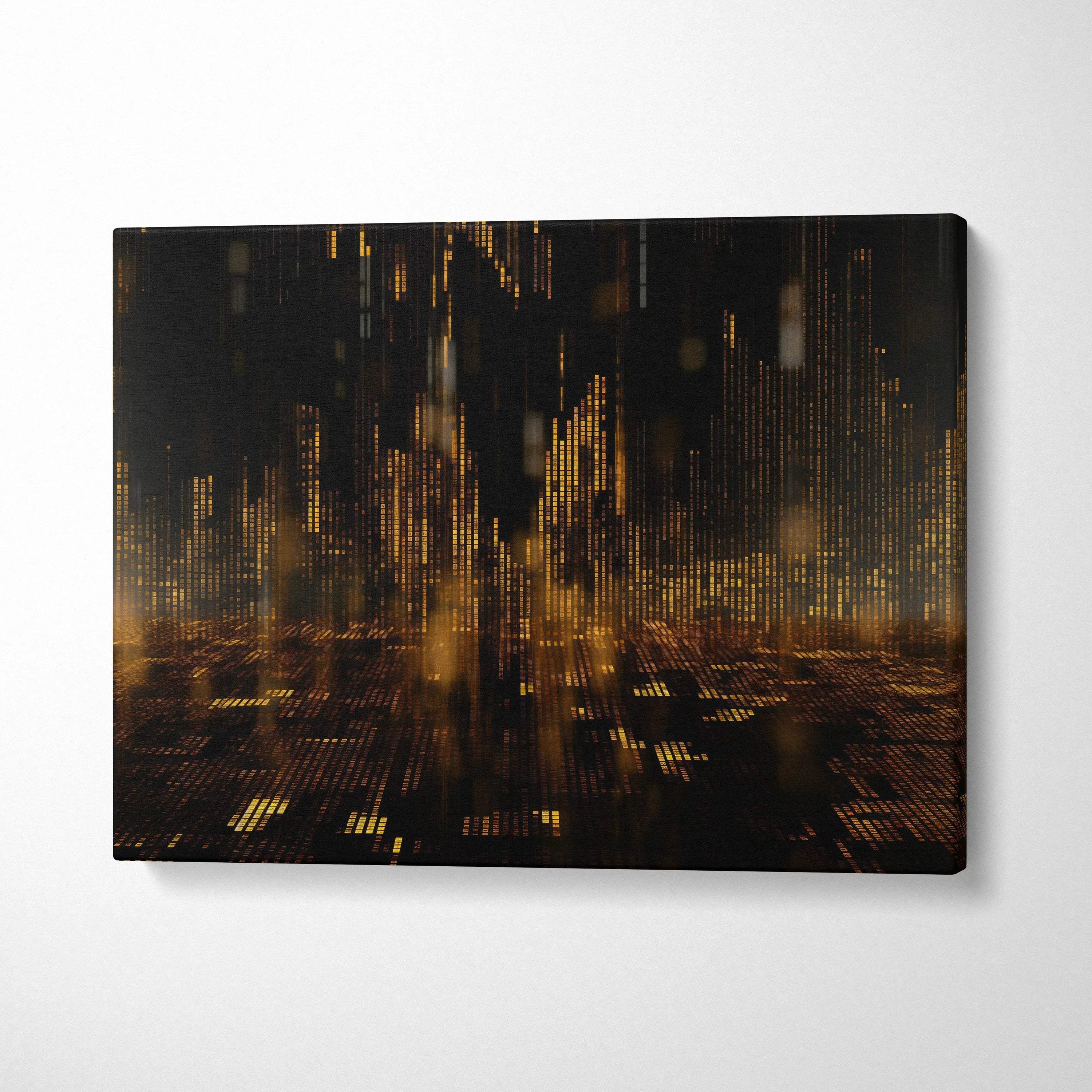 Abstract digital canvas art with dark tones and golden vertical light streaks, modern wall art.