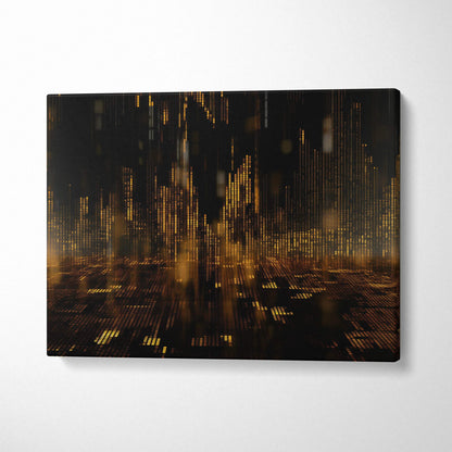 Abstract digital canvas art with dark tones and golden vertical light streaks, modern wall art.