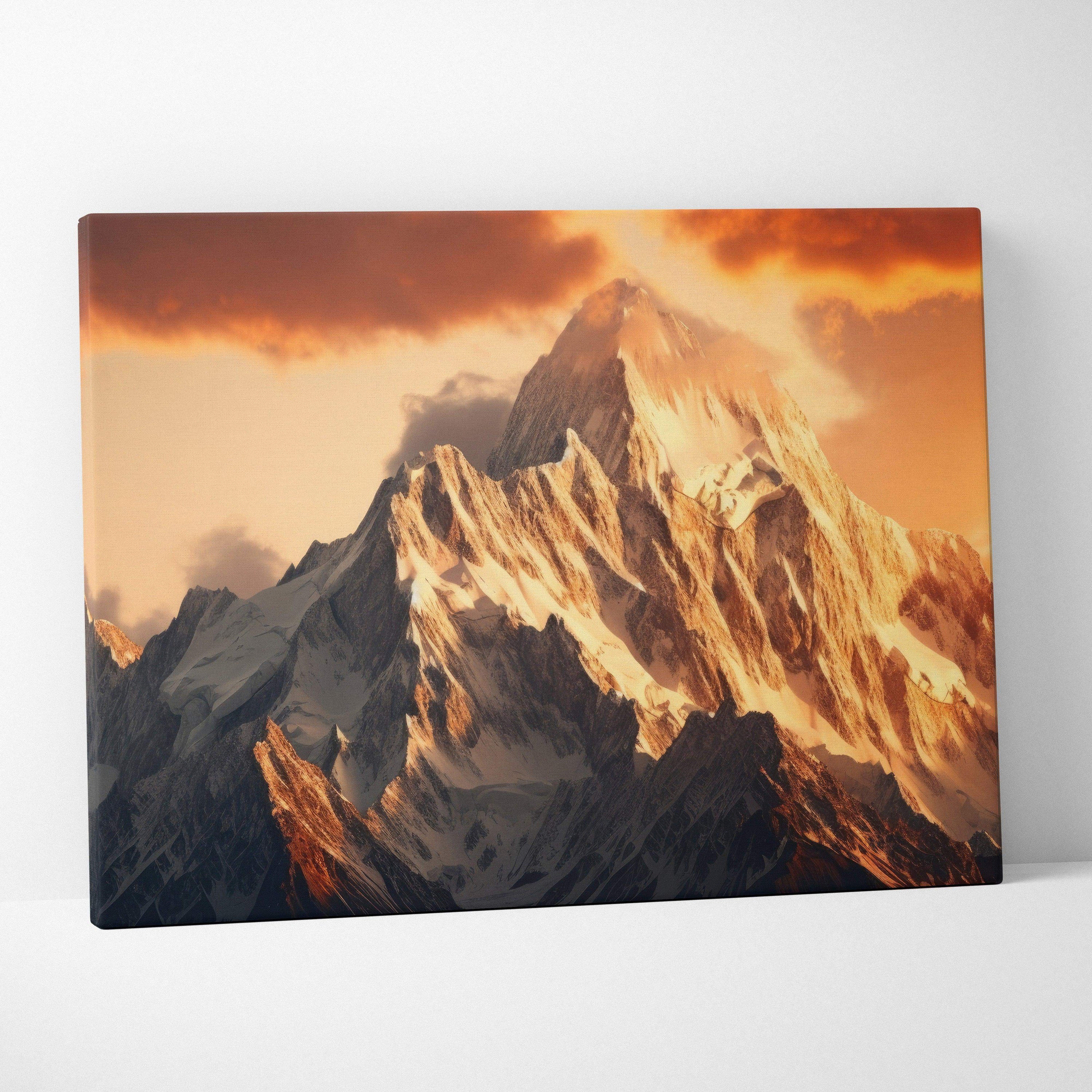 Canvas wall art of majestic snow-capped mountain at golden hour sunset