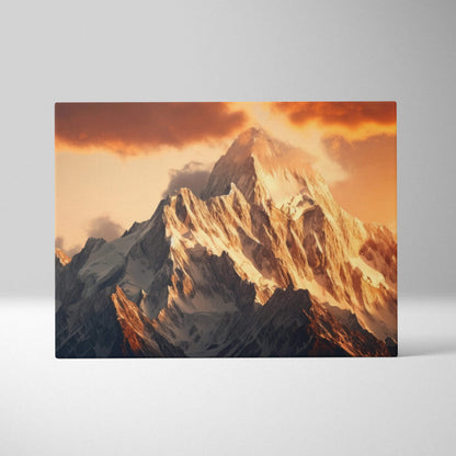 Majestic snow-capped mountain canvas wall art in golden sunset tones