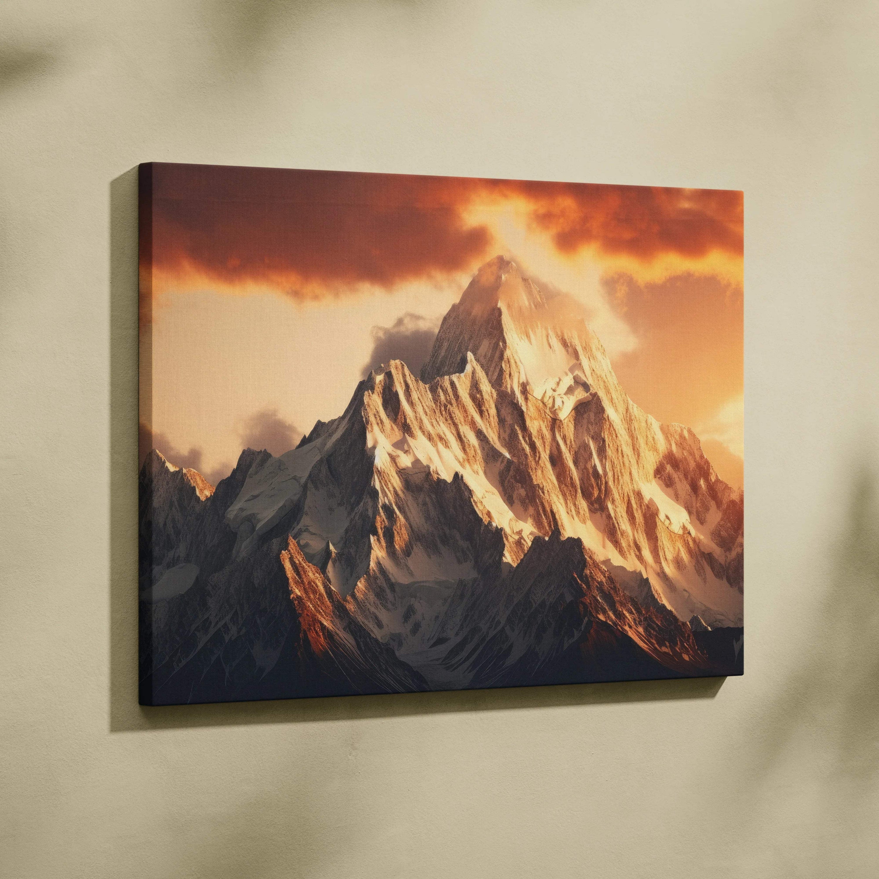 Canvas wall art of majestic snow-capped mountain at golden hour sunset