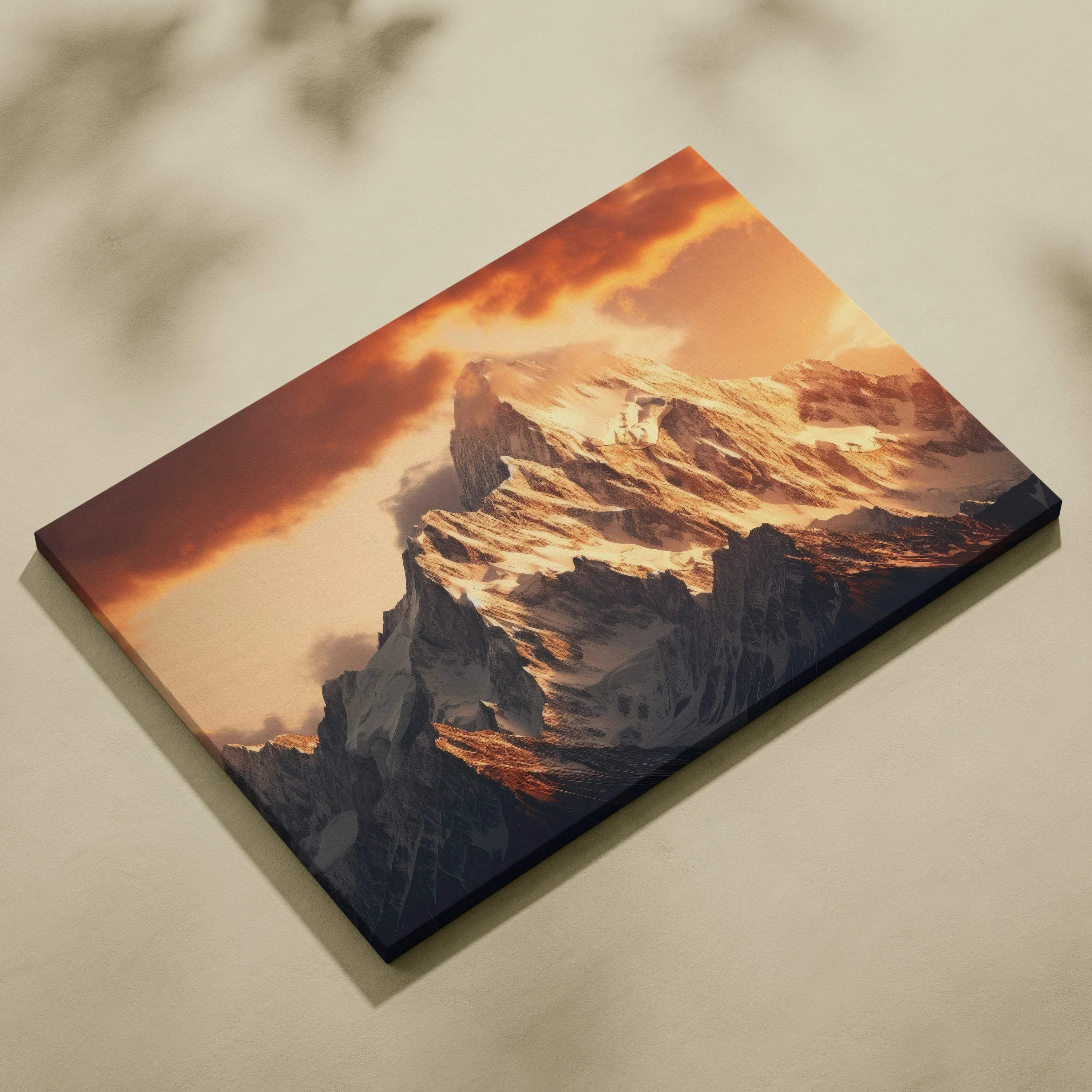 Majestic mountain landscape canvas wall art in warm golden hour sunset tones