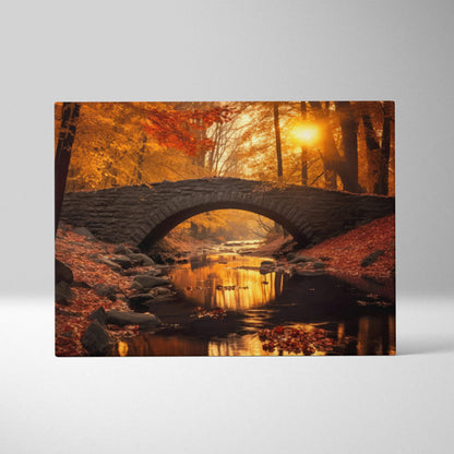 Canvas wall art showcasing a stone arch bridge over a reflecting stream surrounded by vibrant red, orange, and gold autumn.