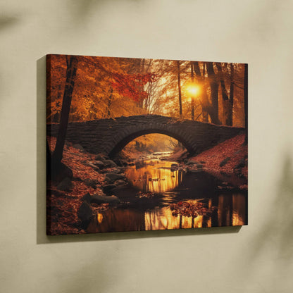 Vibrant autumn foliage canvas wall art featuring red, orange, and gold leaves with stone bridge over creek at sunset.