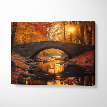 Canvas wall art featuring autumn foliage with a stone bridge over a reflective stream at sunset.