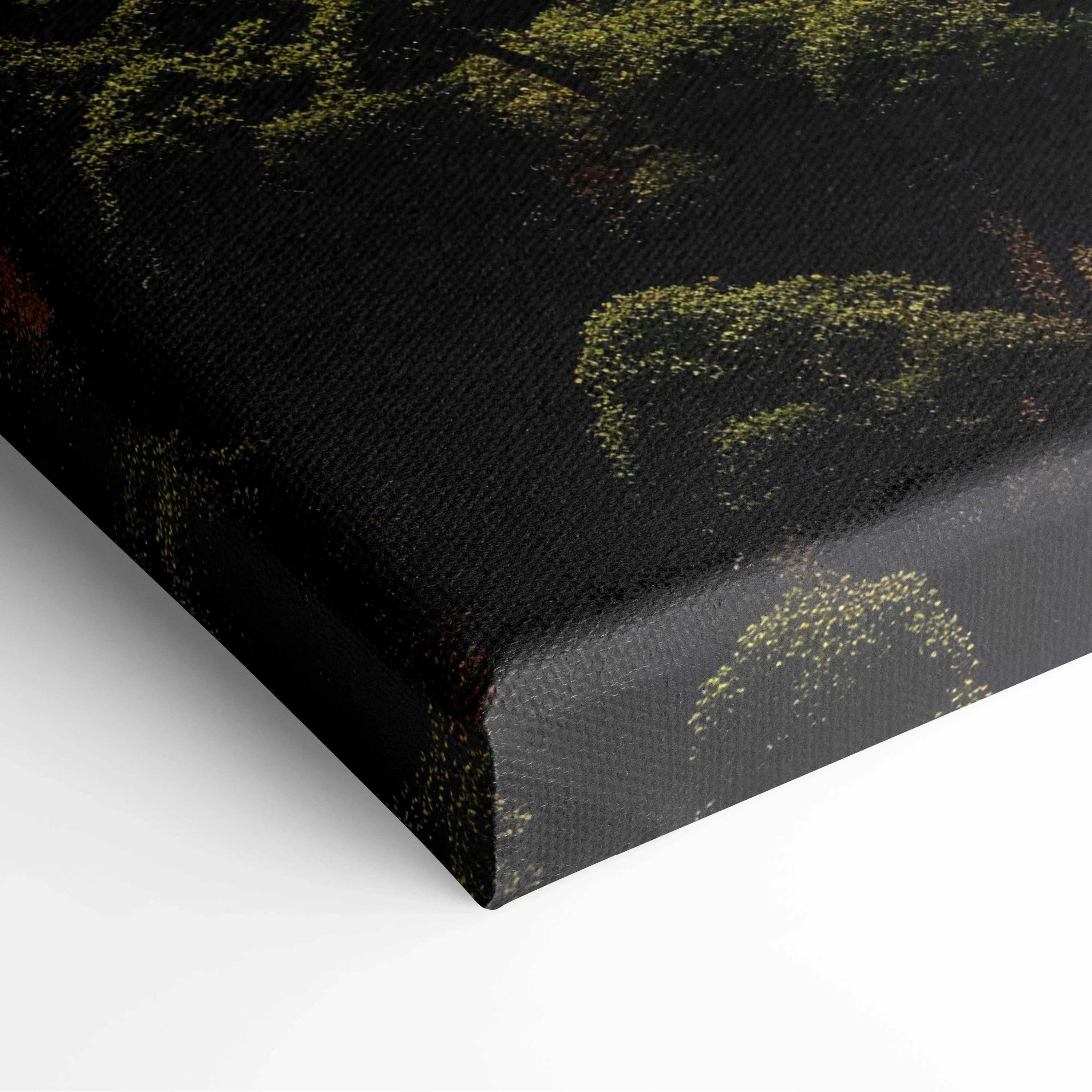 Close-up of textured canvas wall art depicting aerial view of lush forest and golf course decor.