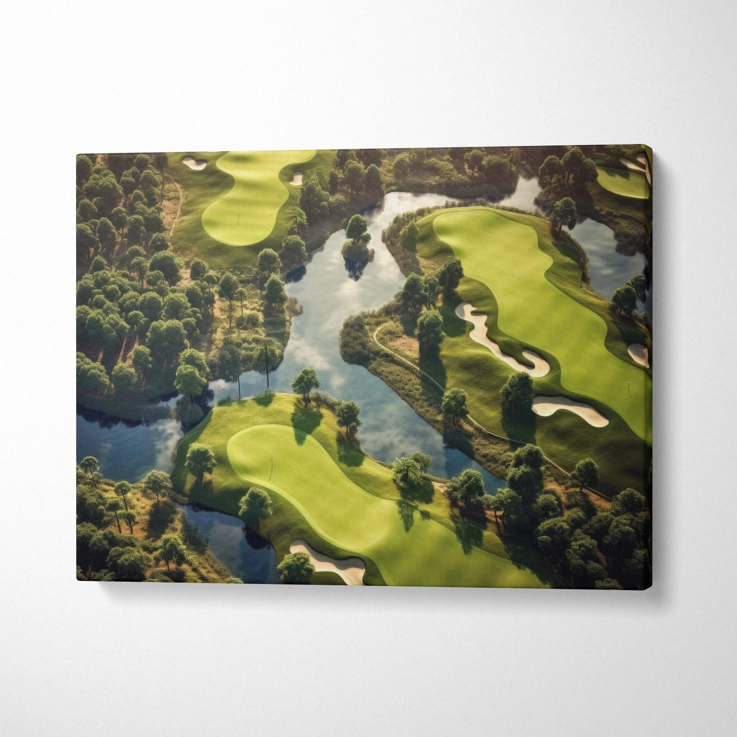 Aerial view canvas wall art of lush green forest and golf course landscape decor.