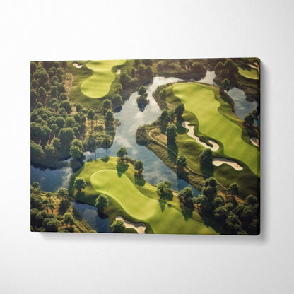Aerial view canvas wall art of lush green forest and golf course landscape decor.