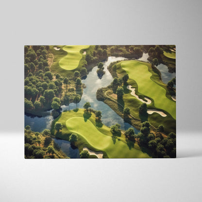 Aerial view canvas wall art of lush green forest surrounding a serene golf course with water features and manicured fairways.