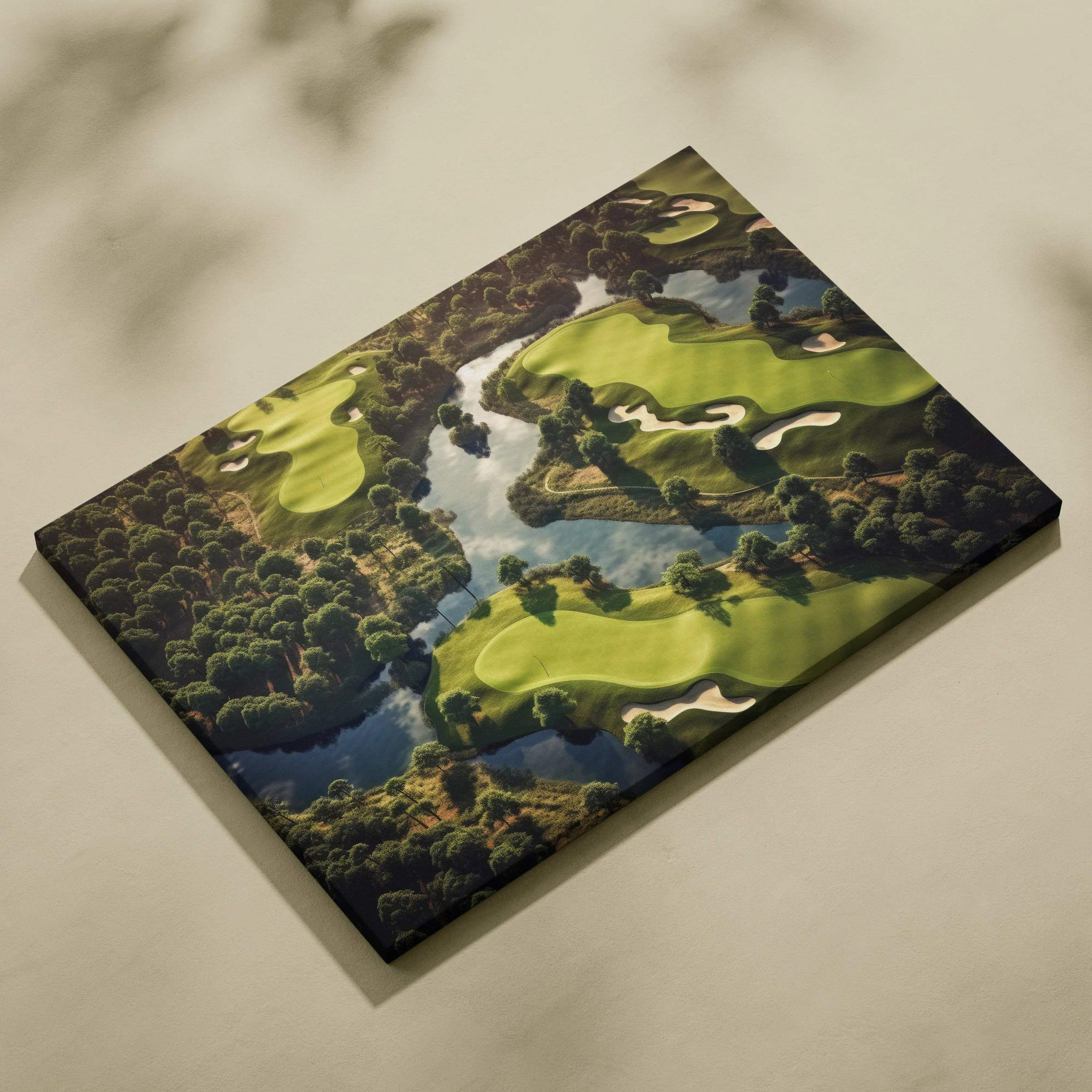 Aerial view canvas wall art of lush forest and tranquil golf course with river flow.