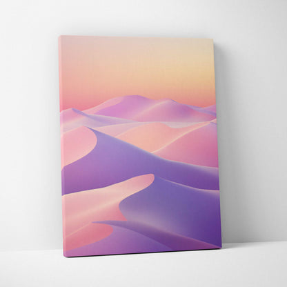 Minimalist wall art canvas featuring colorful abstract dunes in shades of pink, purple, and peach tones.
