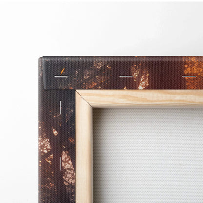 Close-up of natural wood frame corner on vibrant forest sunset floral canvas wall art decor.