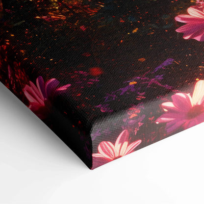 Vibrant floral canvas wall art with pink flowers and dark forest sunset colors for home decor.