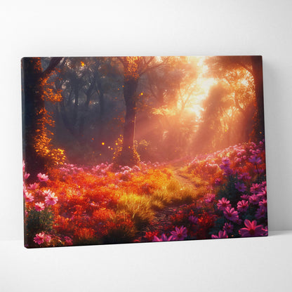 Vibrant forest sunset floral canvas wall art with glowing light rays and colorful flowers decor.