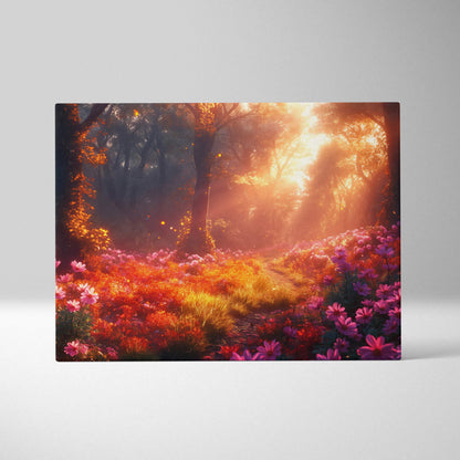 Vibrant forest sunset canvas wall art with glowing orange light and pink floral decor.