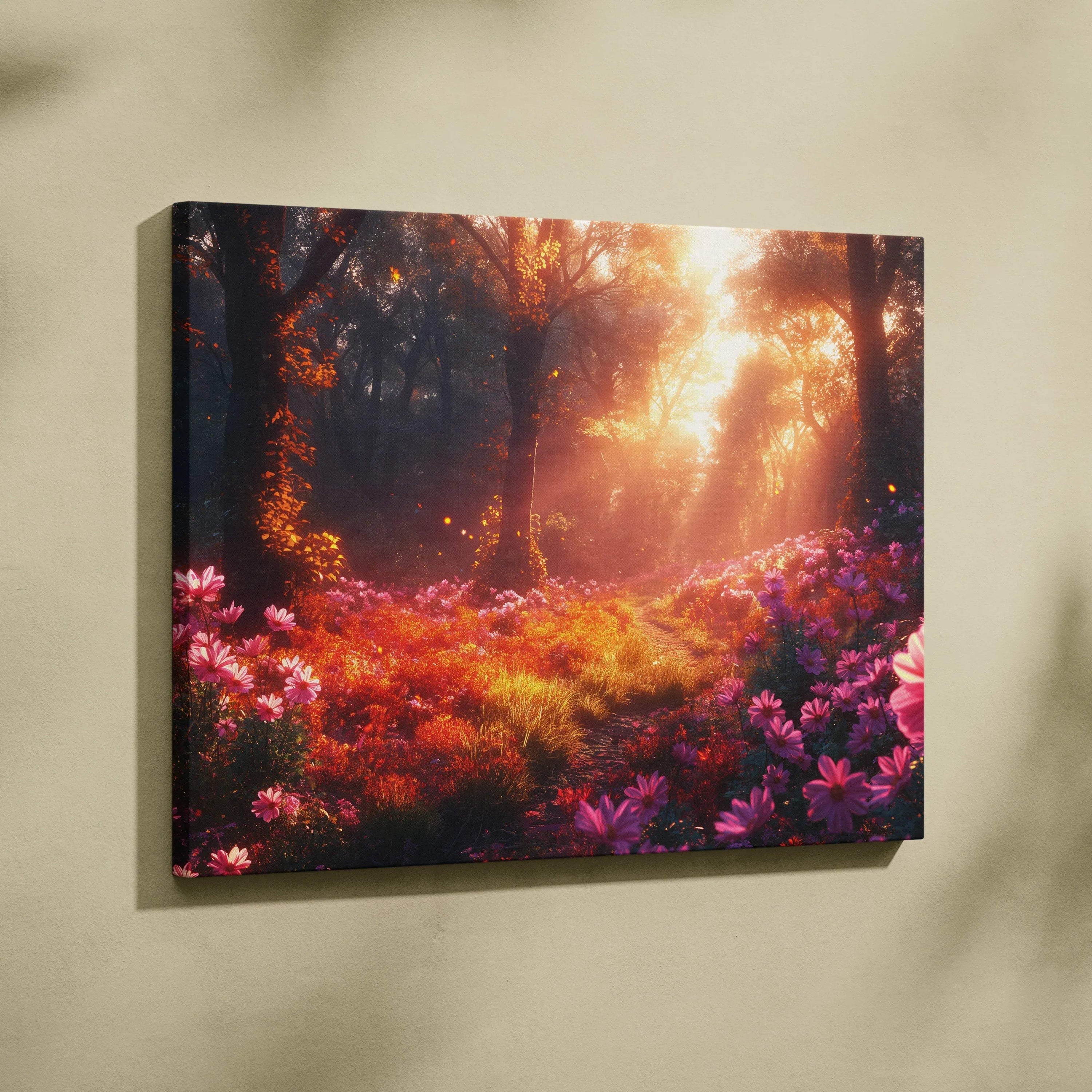 Vibrant forest sunset floral canvas wall art with warm light and colorful flowers decor.