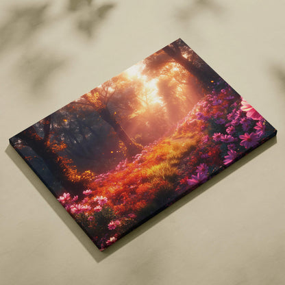 Vibrant forest sunset floral scene on canvas wall art with warm light and pink flowers decor.