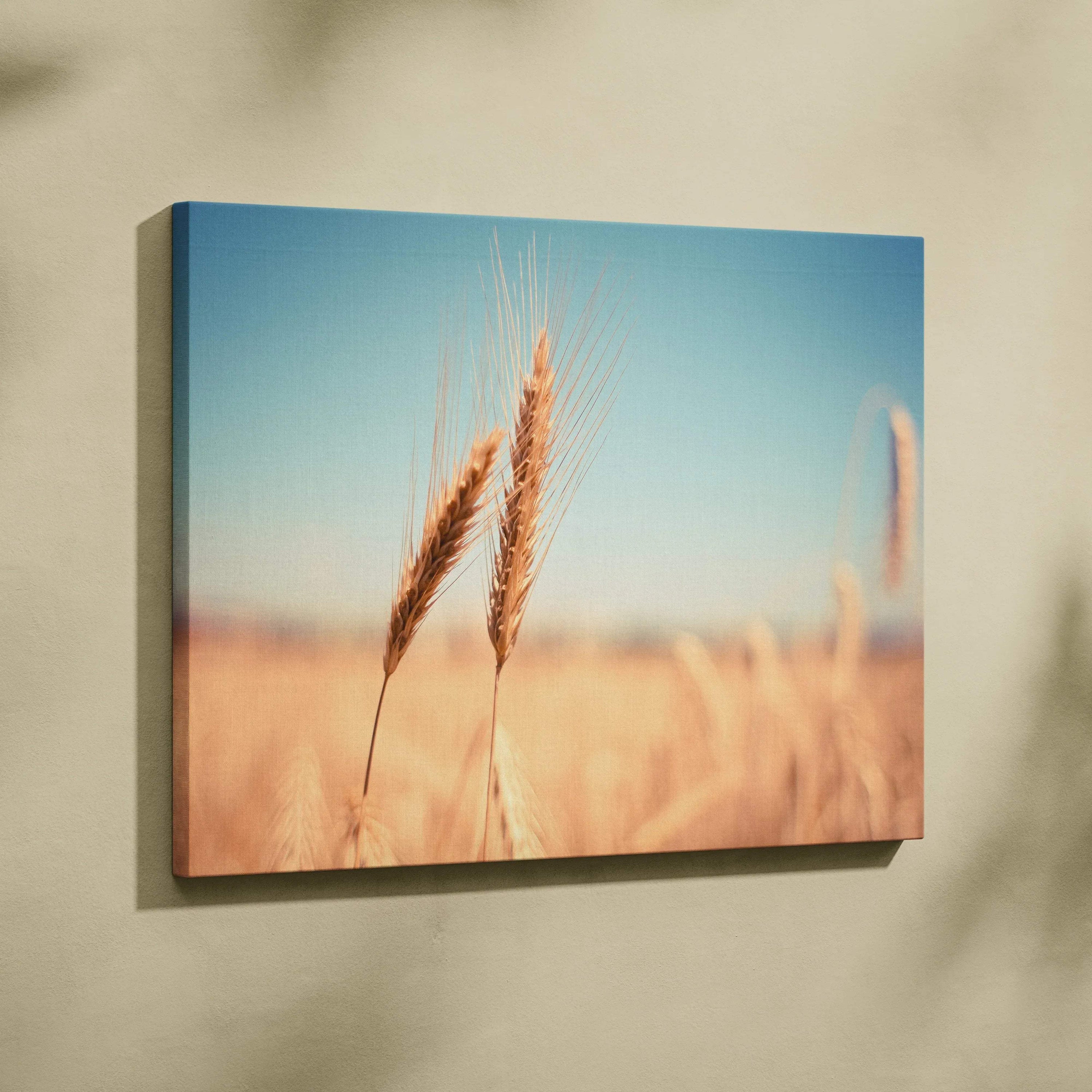 Canvas wall art featuring a close-up of golden wheat stalks against a soft blue sky background.