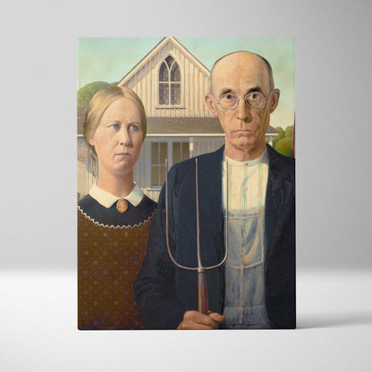 American Gothic by Grant Wood canvas print with man pitchfork woman dress