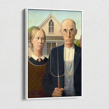 White-framed canvas print of Grant Woods American Gothic