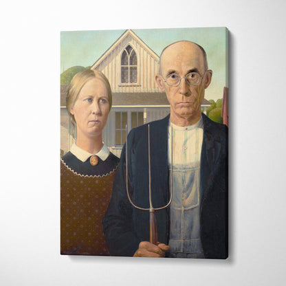 American Gothic by Grant Wood canvas print with pitchfork couple