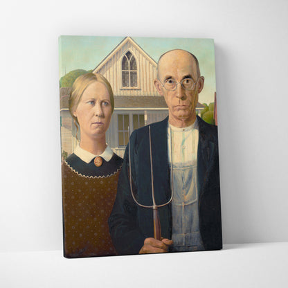 American Gothic by Grant Wood canvas print with pitchfork couple