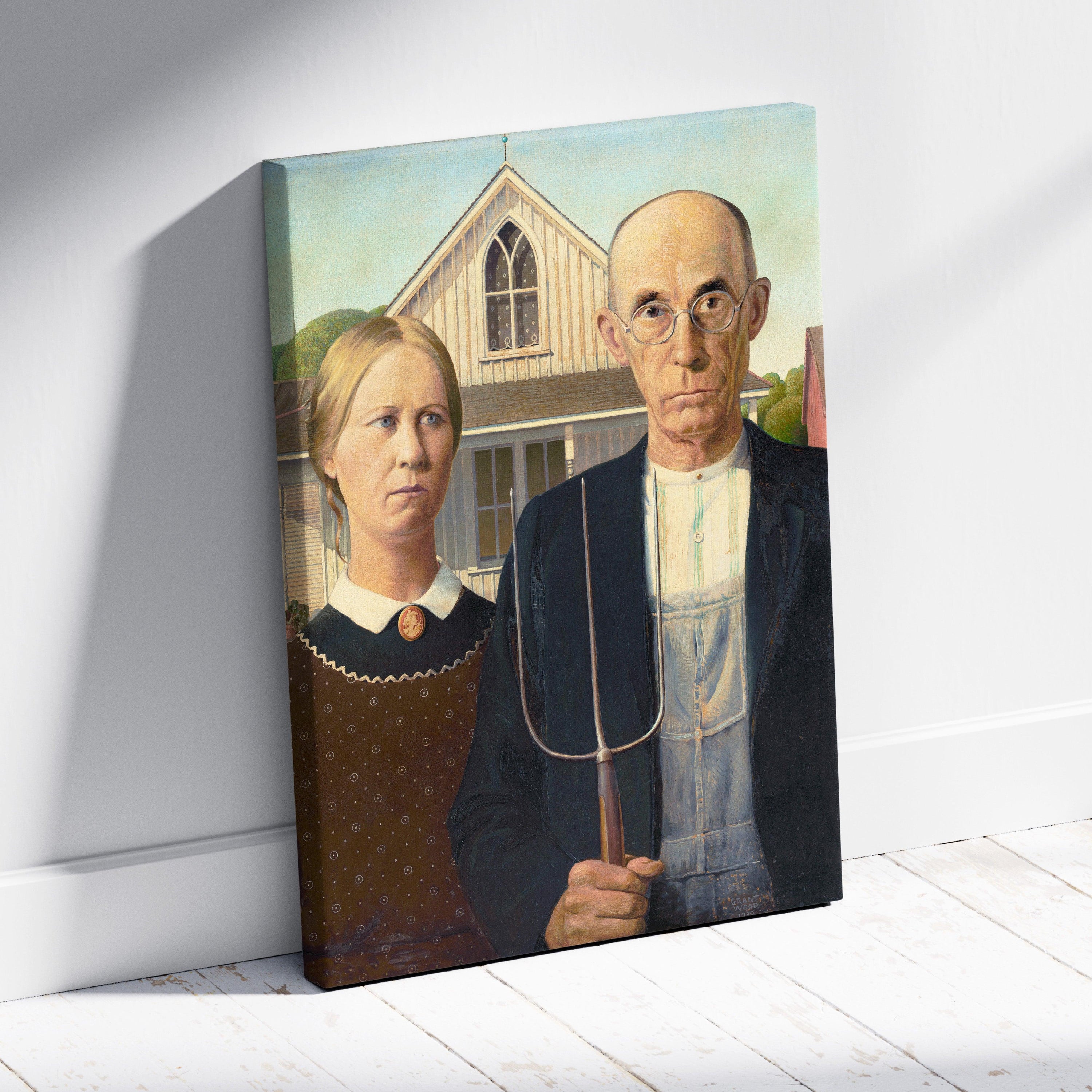 American Gothic by Grant Wood canvas print of stern couple and farmhouse