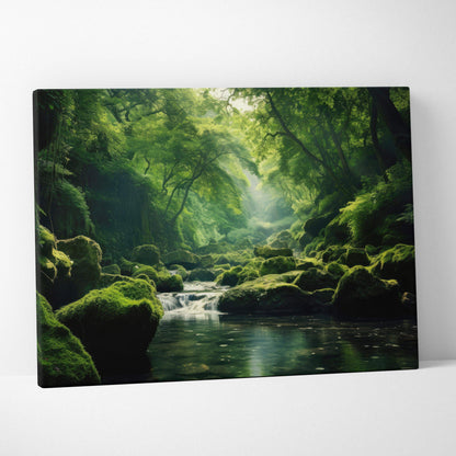 Serene forest canvas wall art with moss-covered rocks and layered green trees decor.