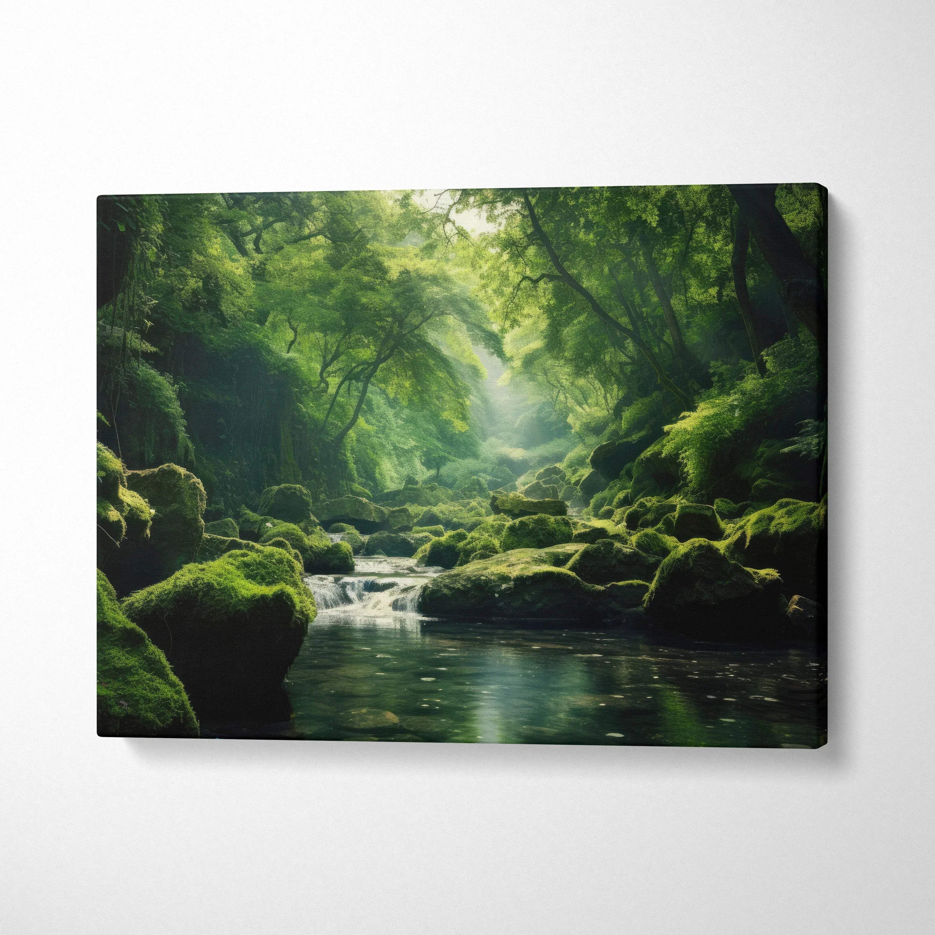 Canvas wall art of serene forest with moss-covered rocks and layered green trees over calm stream.