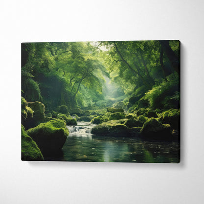 Canvas wall art of serene forest with moss-covered rocks and layered green trees over calm stream.
