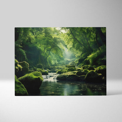 Serene forest canvas wall art with moss-covered rocks and sunlight filtering through layered trees.