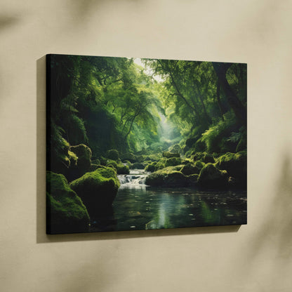 Canvas wall art featuring a serene forest scene with moss-covered rocks and layered green trees.