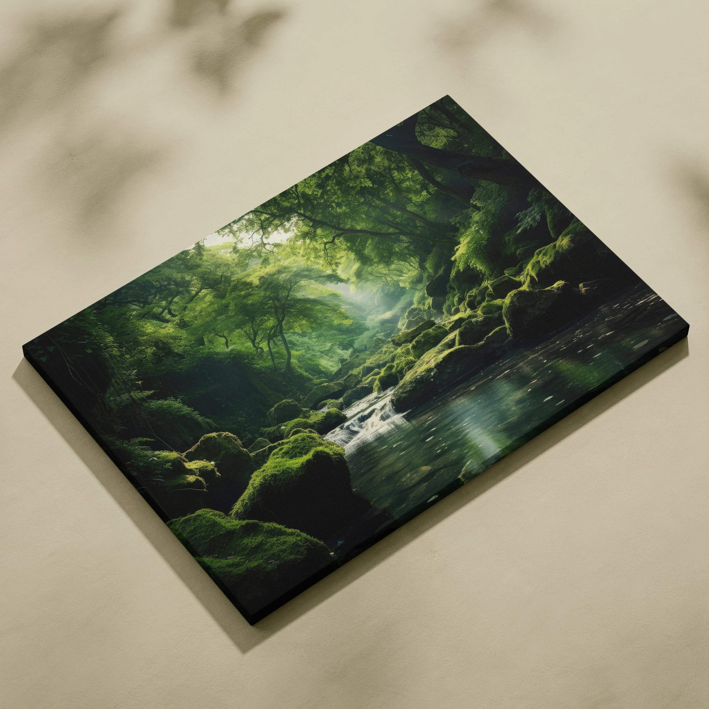 Canvas wall art featuring a serene forest scene with moss-covered rocks and layered trees, perfect nature decor.