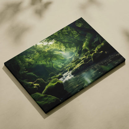 Canvas wall art featuring a serene forest scene with moss-covered rocks and layered trees, perfect nature decor.