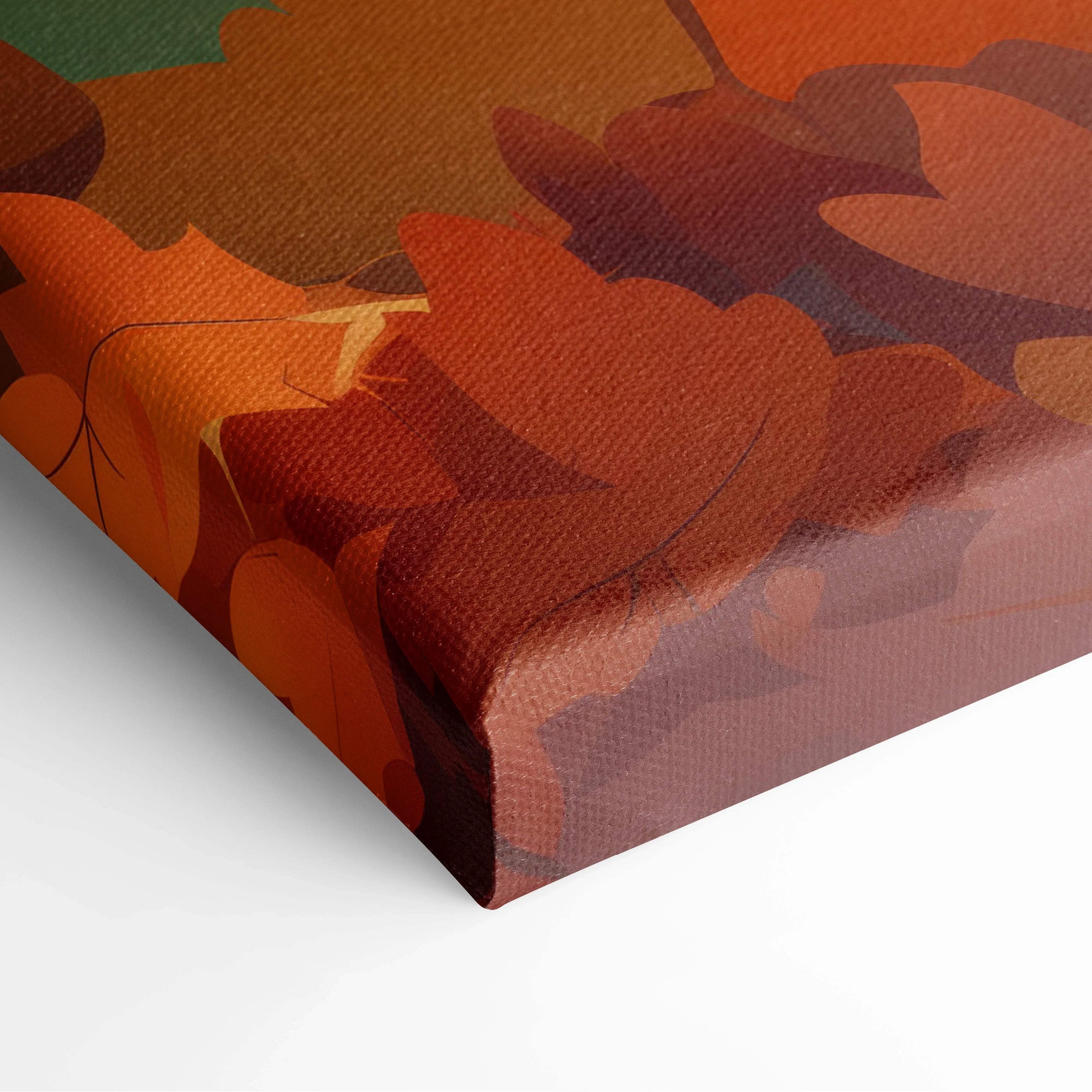 Canvas print of Thanksgiving friends in warm autumn landscape under sunset sky