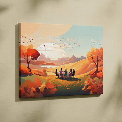 Canvas wall art of Thanksgiving friends in vibrant autumn landscape sunset