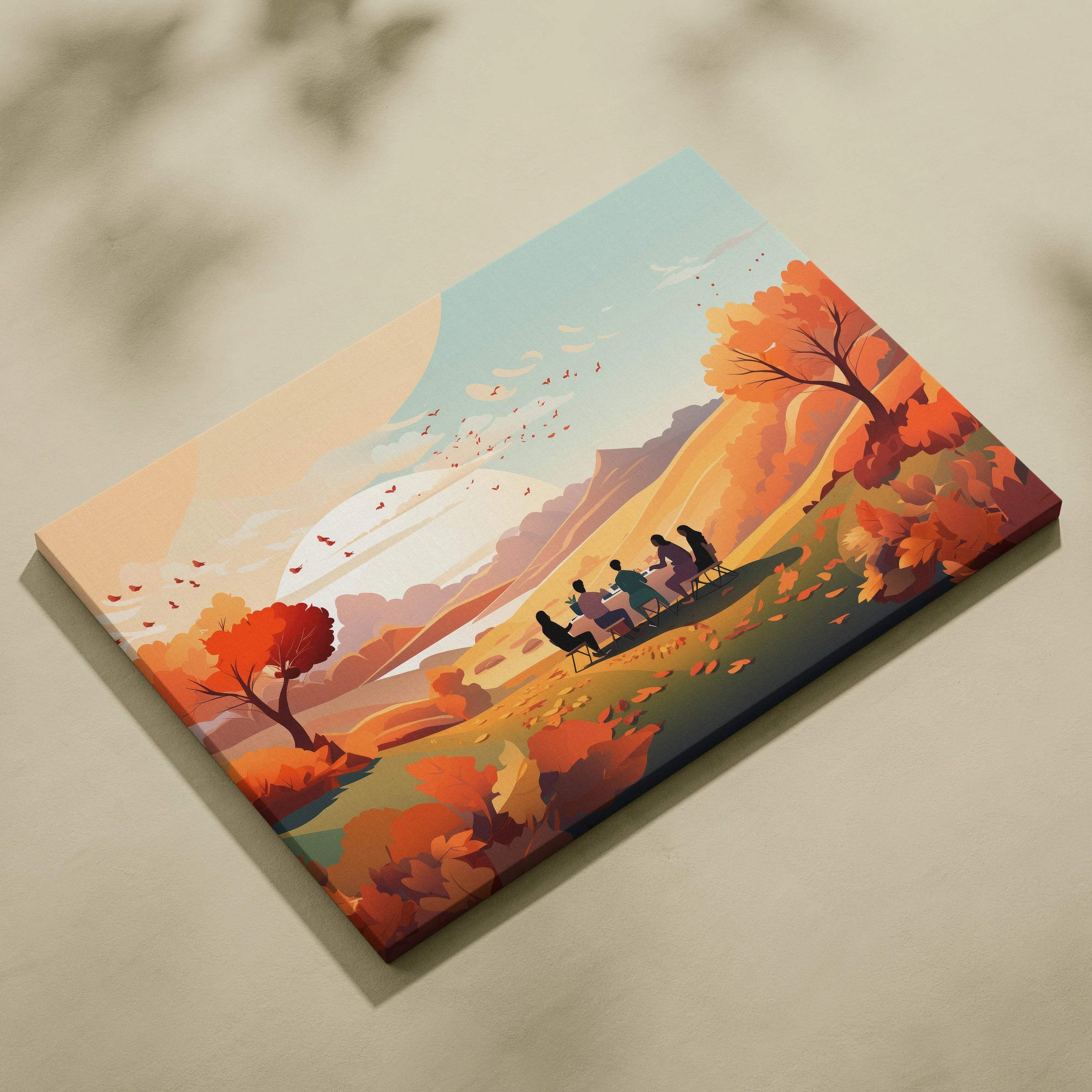 Canvas wall art of Thanksgiving friends in vibrant autumn landscape sunset