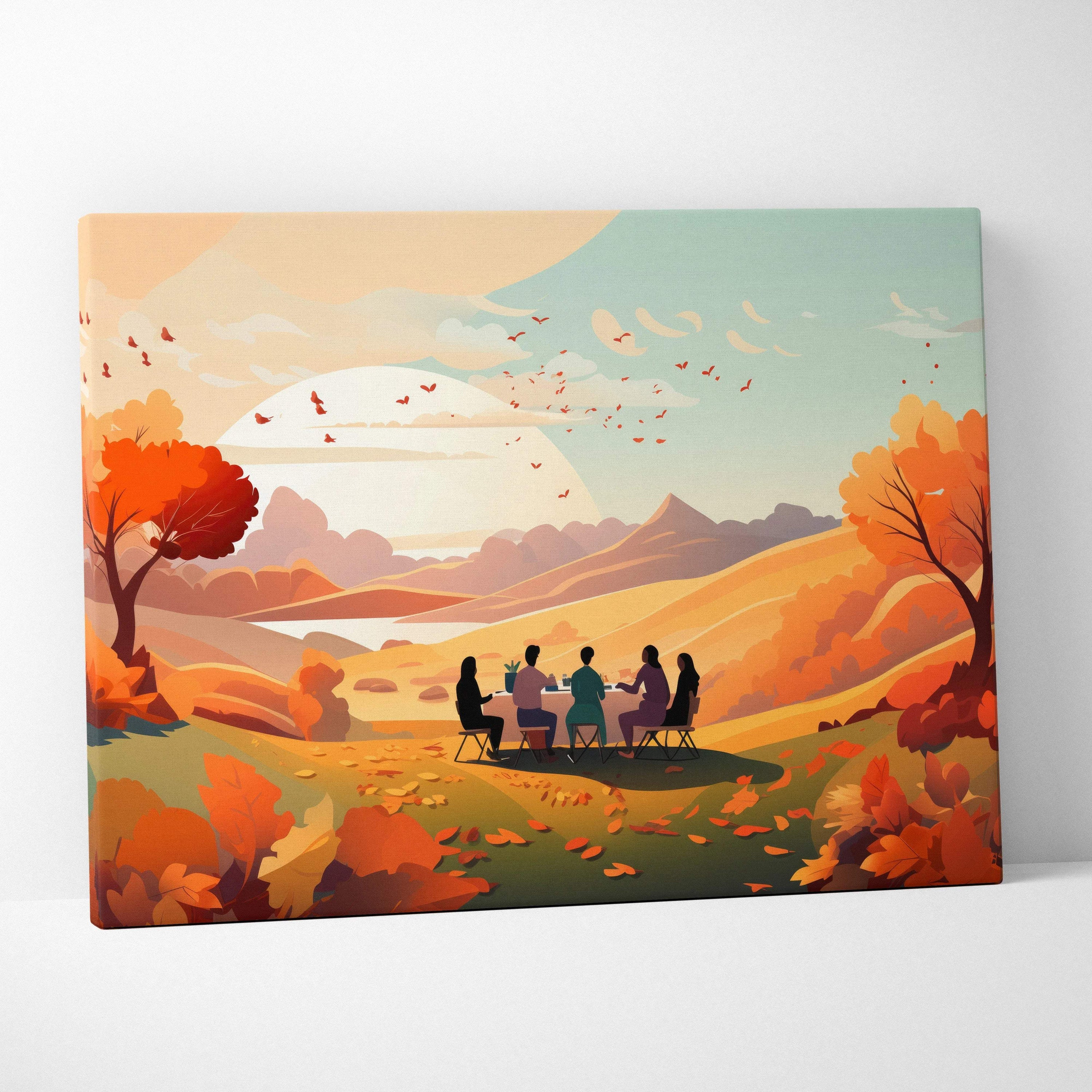 Canvas print of Thanksgiving friends dining in autumn landscape under sunset sky